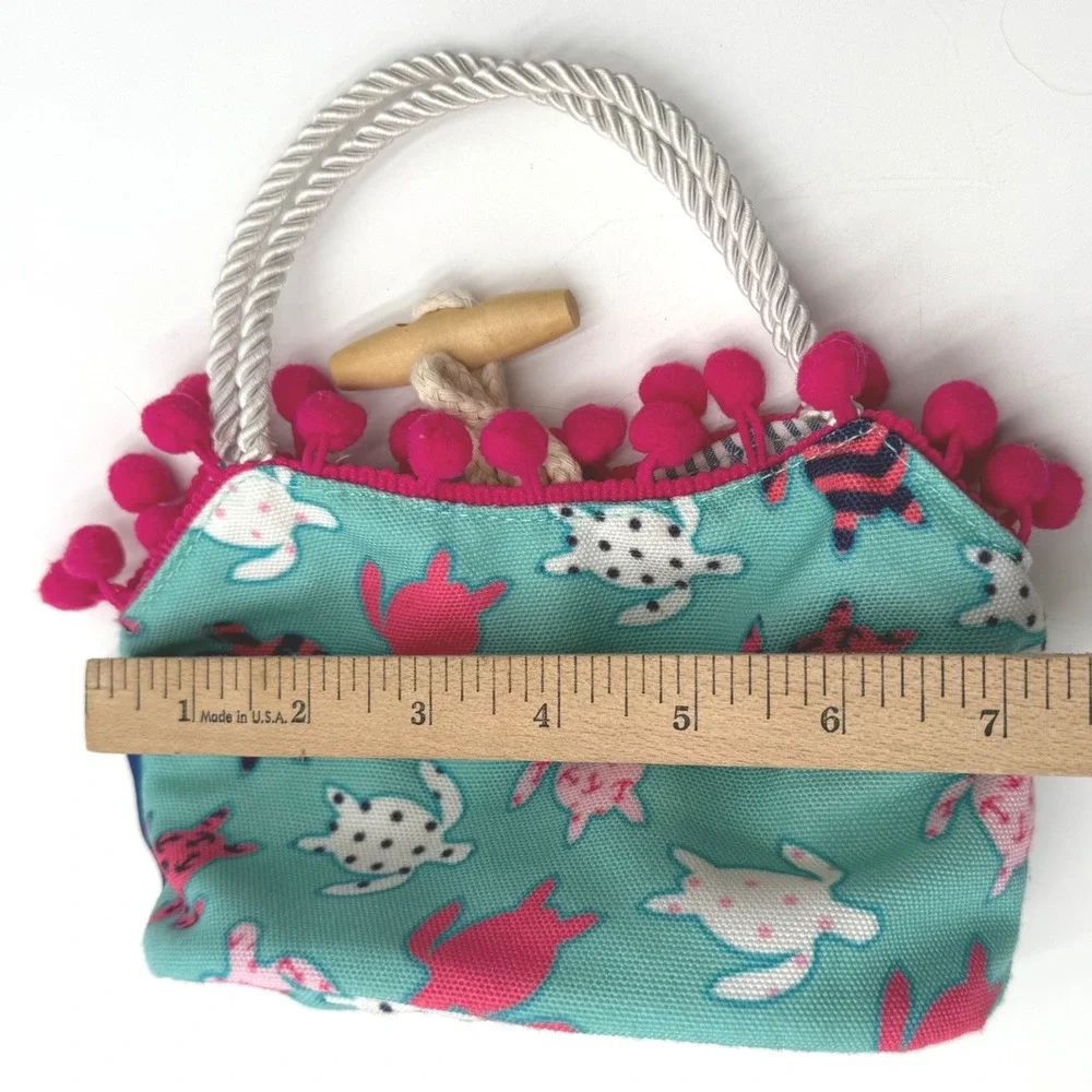 The Preppy Pelican Sassy Sea Turtle Mini Tote Purse Turquoise Pink Pom Pom